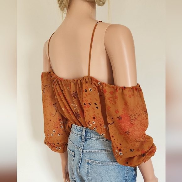 ZARA BROWN FLORAL LIGHTWEIGHT CRISS CROSS OF THE SHOULDER CHIFFON BLOUSE TOP XS - Picture 10 of 11